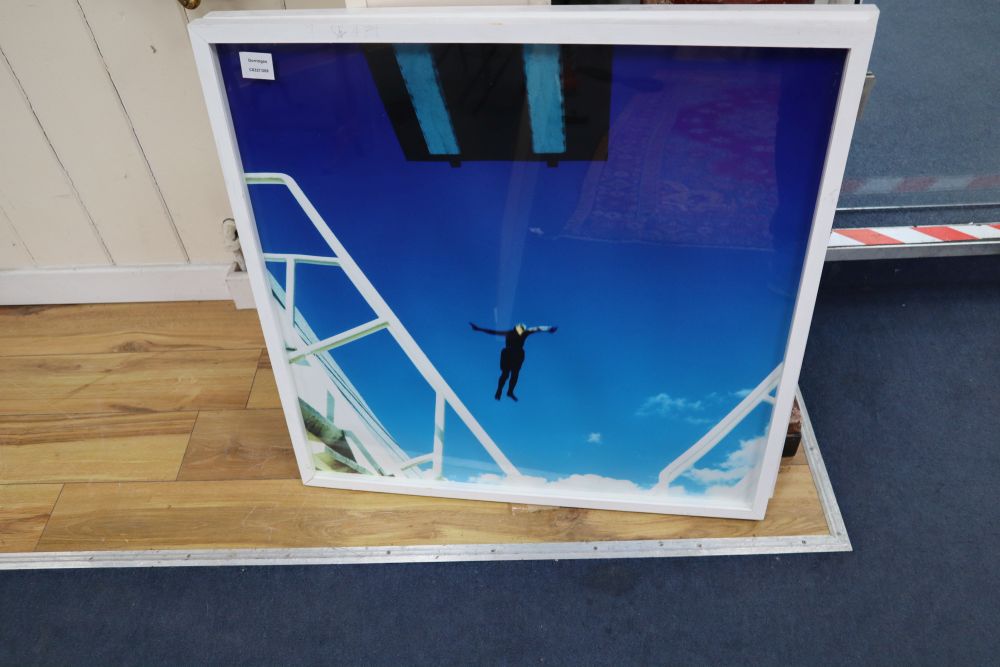 A set of three modern photographic prints, Beach Bar, Diver and Buoys, 72.5 x 72.5cm and two Rugby related photographs